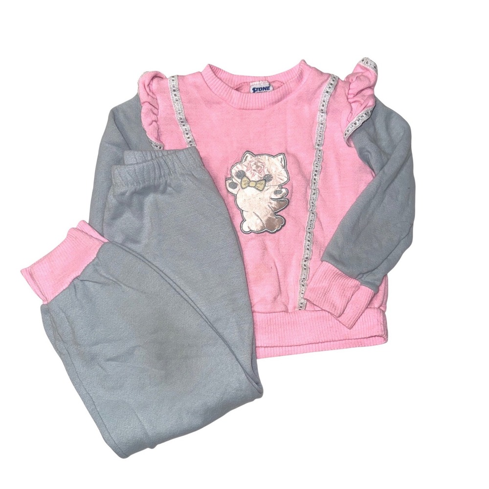 Vintage Stone Apparel Girls Pink‎ Grey Kitten Ruffle Sweat Suit Set Size 5-6 USA